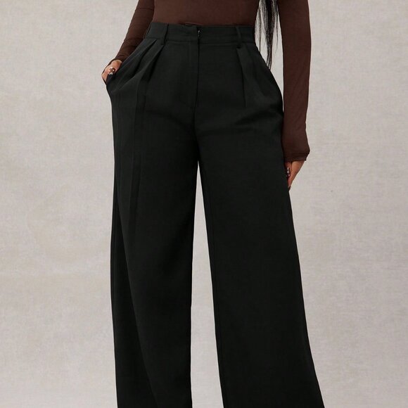 Black Women's Casual High Waisted Pleated Wide Leg Pants - Picture 2 of 5